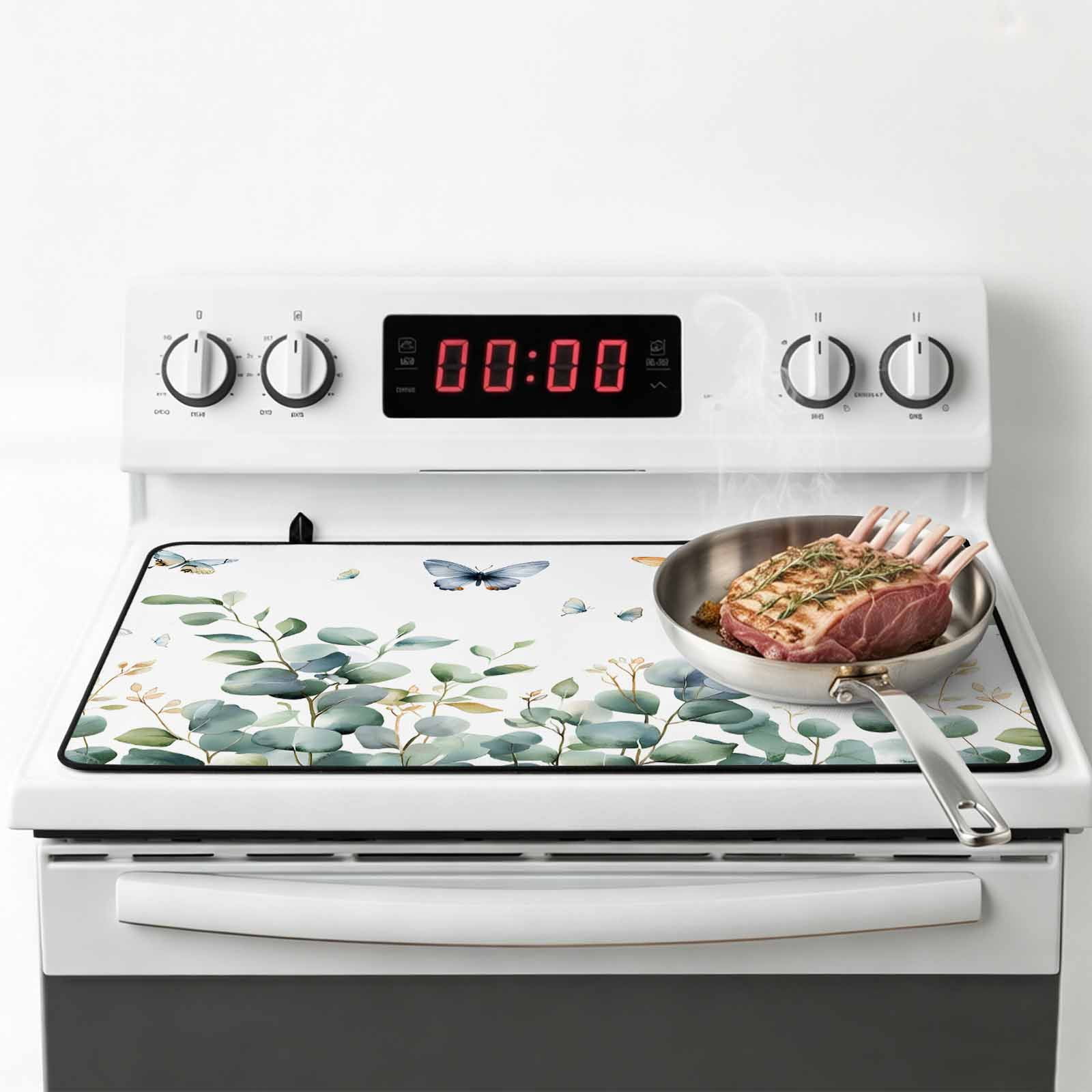 Eucalyptus Stove Top Cover for Electric Stove, Heat-proof & Non Slip Glass Top Stove Cover Protector, Spring Butterfly Nature Plant Aesthetics Kitchen Flat Cooktop Rubber Mat 24x21 Inches