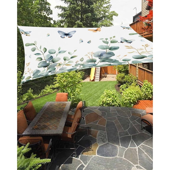 Eucalyptus Sun Sail Shades Rectangle Canopy,Sunlight Block Heavy Duty Curved Backyard Shade Cover,Spring Butterfly Nature Plant Aesthetics Waterproof Sun Shades for Patios Garden Pergola 12'x16'