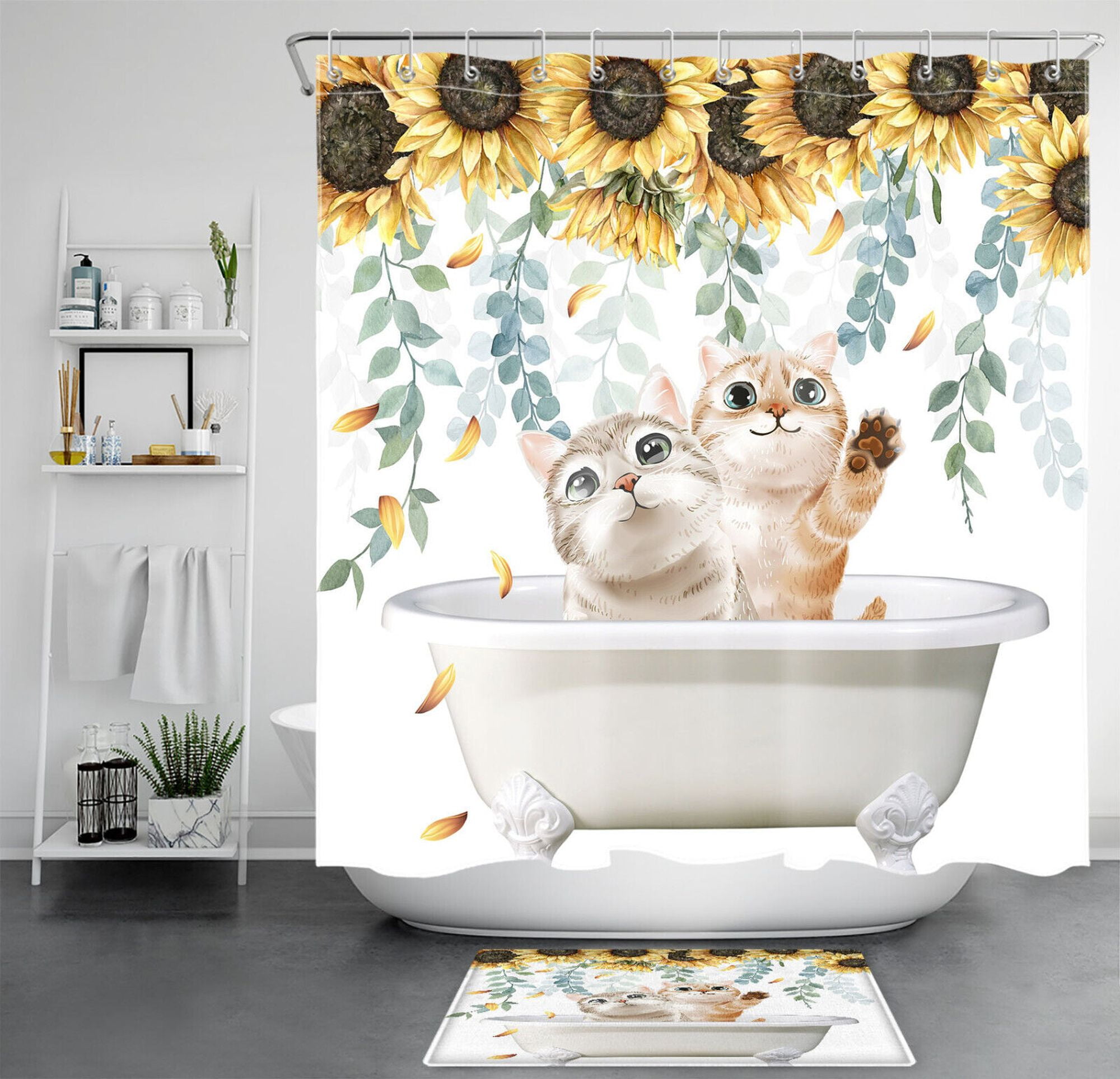 Eucalyptus Sunflower Cat Shower Curtain Set for Fresh and Fun Bathroom