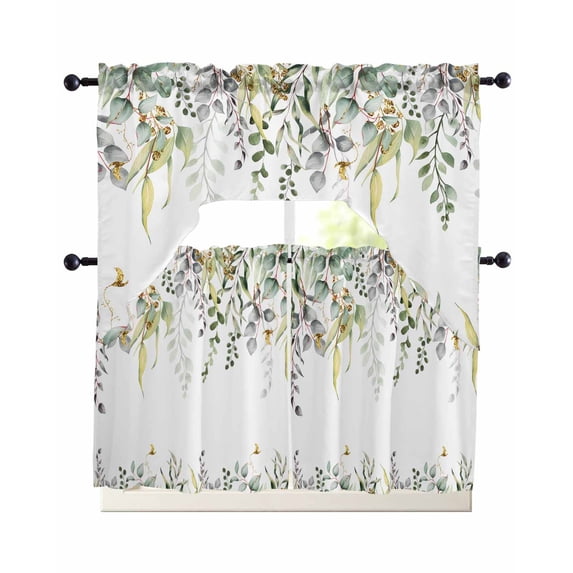 Eucalyptus Swag Kitchen Curtains Sets for Windows 24 Inch Length, Sage Green Botanical Weeping Leaf Short Window Curtain Panels Swags Valances and Tiers 3 Piece Set for Cafe/Dining Room