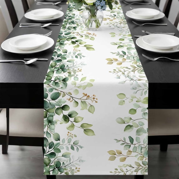 Eucalyptus Table Runner 36 Inches Long, Sage Green Brown Leaf Boho Minimalist White Kitchen Coffee Dining Table Decoration for Home Party Birthday Wedding Home Decor 13x36 Inches