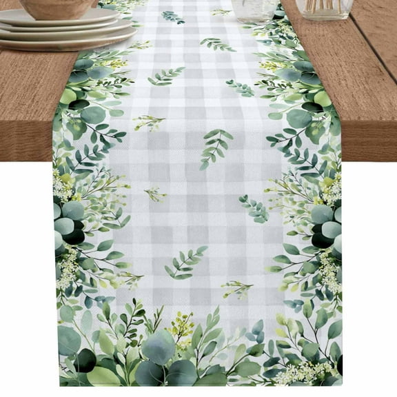 Eucalyptus Table Runner 90 Inches Long for Dining Table Decor,Sage Green Farm Plant Gray Buffalo Plaid Burlap Linen Farmhouse Table Runner Coffee Table Runners Dresser Scarf for Kitchen Party Holiday
