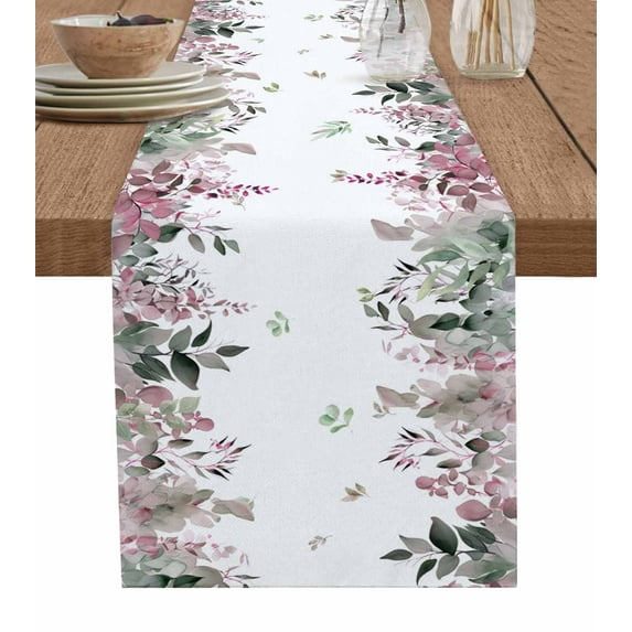 Eucalyptus, Table Runner Red Green Plant Leaves Simple White Tablerunners 13 x 36 Inch, Table Decorations Tabletop Scarf for Summer Gathering Holiday Farmhouse Kitchen Dining Decor