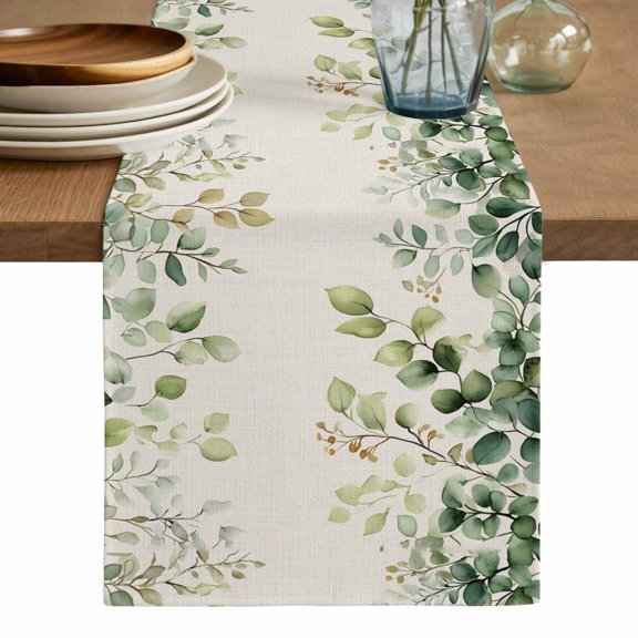 Eucalyptus Table Runner, Rustic Chic Greenery Plant Round Weeping Leaf Washable Cotton Linen Table Runners 36 Inches Long, Dresser Scarf Runner for Nightstand/End Tables/Round Tables 13''x36''