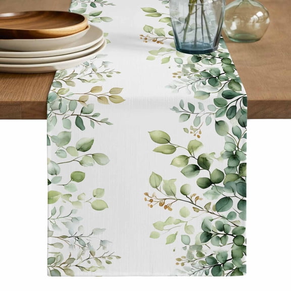 Eucalyptus Table Runner, Sage Green Brown Leaf Boho Minimalist White Washable Cotton Linen Table Runners 48 Inches Long, Dresser Scarf Runner for Nightstand/Coffee/End Tables 13''x48''