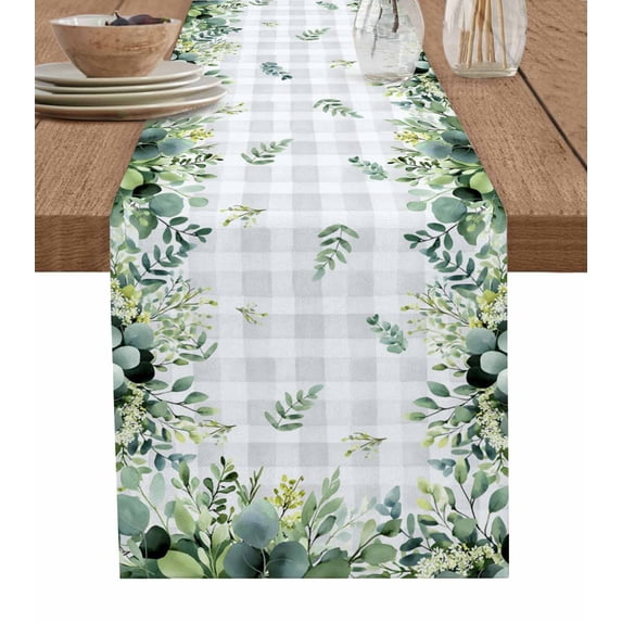 Eucalyptus Table Runner Sage Green Farm Plant Gray Buffalo Plaid Tablerunners 16 x 72 Inch, Table Decorations Tabletop Scarf for Summer Gathering Holiday Farmhouse Kitchen Dining Decor