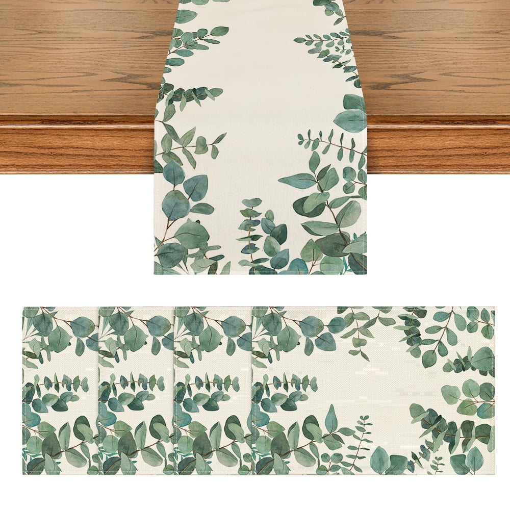 Siilues Spring Table Runner — 13x108 Inch Off-White Burlap With Eucalyptus Leaves, Seasonal Decor For Dining Table