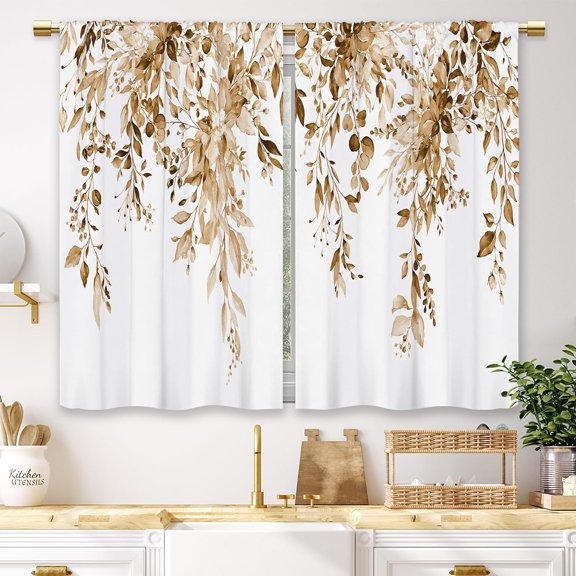 Eucalyptus Tan Brown Leaves Kitchen Curtains Botanical Floral Plant Small Short Cafe Window Curtains Rustic Flower Fall Bathroom Window Drapes Treatment Tier Curtains 2 Panels (27.5x39 Inch)