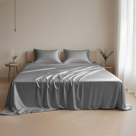 Eucalyptus Tencel Bed Sheet Set Queen Size 4Pc - Grey Bedding Lyocell 16" Deep Pocket Sheets - Soft Breathable & Cooling Sheets Set for Hot Sleepers (Queen, Light Grey)