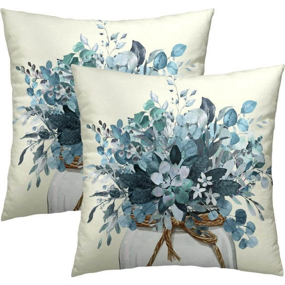 Eucalyptus Throw Pillow Covers 16x16 Set of 2, Winter Mason Jar Blue Leaves Branch Floral Decorative Pillow Cases Farmhouse Cotton Cushion Cover for Couch Sofa Bed Home Decor