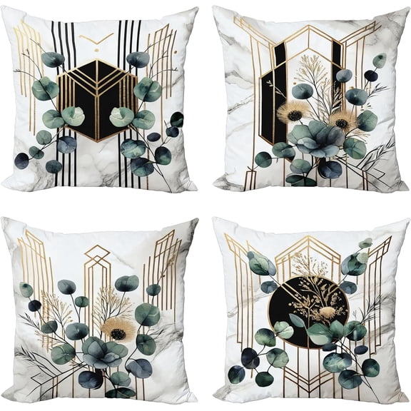 Eucalyptus Throw Pillow Cushion Cover Set of 4, Watercolor Branches and Geometric Modern Motives on Marble Print Back, Decorative Accent Double-Sided Printing, 16", Grey Teal Sand Brown