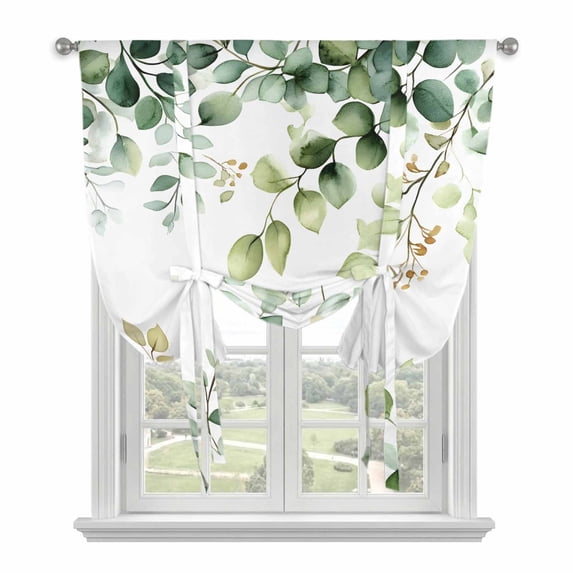 Eucalyptus Tie Up Curtain Valance for Window,Adjustable Rod Pocket Window Curtains Shades,Sage Green Brown Leaf Boho Minimalist White Light Filtering Valance Drapes for Living Room Bedroom 42"x45"