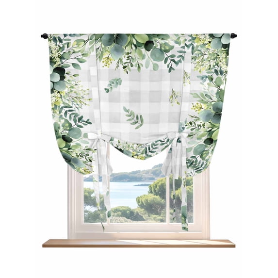Eucalyptus Tie Up Curtains for Windows 45 Inch Length Balloon Curtains Kitchen Adjustable Balloon Window Shade Sage Green Farm Plant Gray Buffalo Plaid Tie Up Valance Bathroom Curtain Window 52"x45"