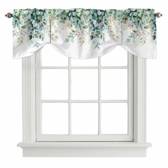 Eucalyptus Tie Up Valance Curtains for Windows, Kitchen Curtains Window Shades, Leaf Branch Nature Fruit Spring Summer Light Filtering Roman Curtain Valances for Bedroom/Bathroom/Cafe 42"x12"