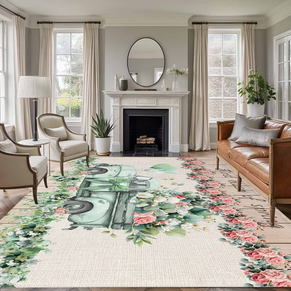 Eucalyptus Trucks Area Rugs 5'x7', Washable Small Throw Rugs for Laundry Room Playroom, Spring Rustic Floral Wooden Burlap Indoor Outdoor Rug Non-Slip Low Pile Carpet Runner Reversible Floor Mats