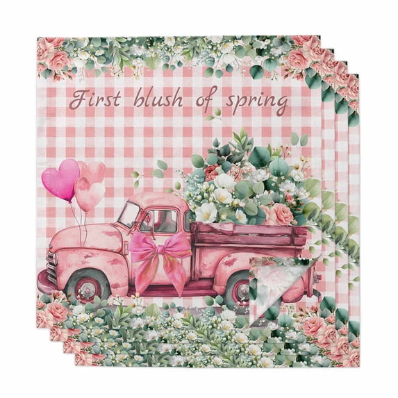 Eucalyptus Trucks Cloth Napkins, Spring Farmhouse Floral Leaves Pink Plaid Washable and Reusable Dinner Napkins Set of 4, Table Napkin for Kitchen Party Birthday Wedding Hotel Housewarming 20"x20"