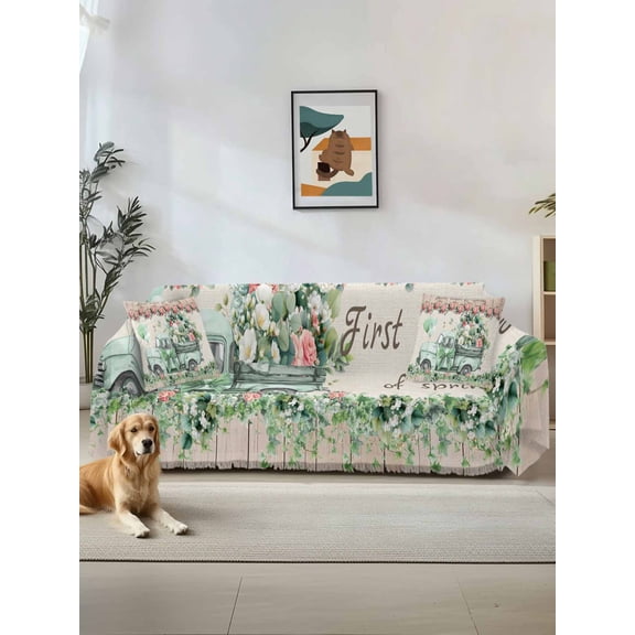 Eucalyptus Trucks Couch Cover, Spring Rustic Floral Wooden Burlap Sofa Cover Blanket for 1 Seat Cushion, Sectional Sofa Slipcover Furniture Protector for Living Room Bedroom 71''x91''