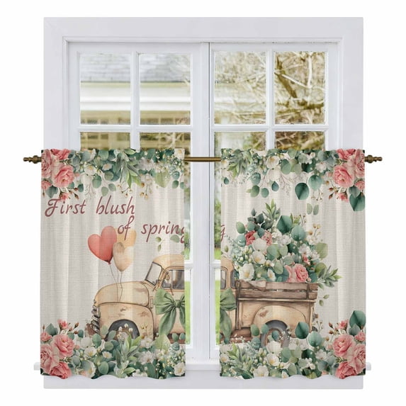 Eucalyptus Trucks Kitchen Curtain for Berdoom Living Room Cafe 54 Inch Length, Spring Farmhouse Floral Leaves Burlap Tiers Curtains Light Filtering Drapes Window Treatment 2 Panels 52"Wx54"L