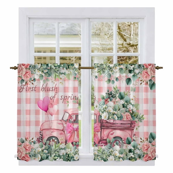 Eucalyptus Trucks Kitchen Curtain for Berdoom Living Room Cafe 54 Inch Length, Spring Farmhouse Floral Leaves Pink Plaid Tiers Curtains Light Filtering Drapes Window Treatment 2 Panels 52"Wx54"L
