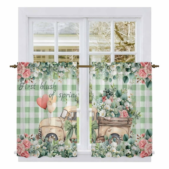 Eucalyptus Trucks Kitchen Curtain for Berdoom Living Room Cafe 54 Inch Length, Spring Farmhouse Floral Sage Green Plaid Tiers Curtains Light Filtering Drapes Window Treatment 2 Panels 52"Wx54"L
