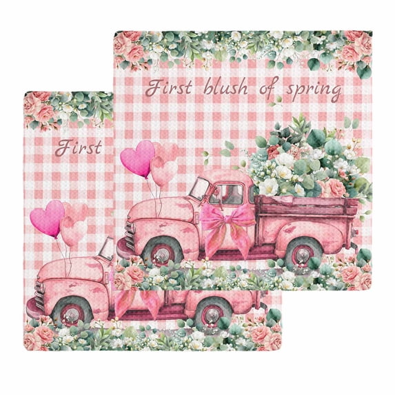 Eucalyptus Trucks Kitchen Dish Towels for Drying Dishes Set of 2, Spring Farmhouse Floral Leaves Pink Plaid Waffle Weave Microfiber Hand Tea Bathroom Towels Quick Dry & Absorbent Towel 12x12