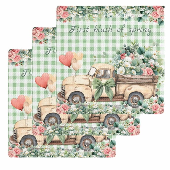 Eucalyptus Trucks Kitchen Dish Towels for Drying Dishes Set of 3, Spring Farmhouse Floral Sage Green Plaid Waffle Weave Microfiber Hand Tea Bathroom Towels Quick Dry & Absorbent Towel 12x12