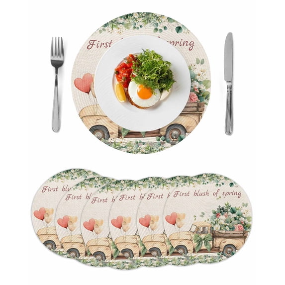 Eucalyptus Trucks Round 13 Inch Placemats Set of 6, Spring Farmhouse Floral Leaves Burlap HeatResistant Non Slip Place Mats for Dining Table, Wipeable Braided Kitchen Table Mats for Housewarming