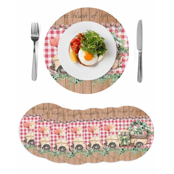 Eucalyptus Trucks Round 13 Inch Placemats Set of 6, Spring Rustic Floral Wooden Red Plaid HeatResistant Non Slip Place Mats for Dining Table, Wipeable Braided Kitchen Table Mats for Housewarming