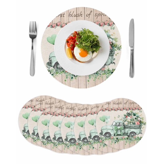 Eucalyptus Trucks Round 13 Inch Placemats Set of 8, Spring Rustic Floral Wooden Burlap HeatResistant Non Slip Place Mats for Dining Table, Wipeable Braided Kitchen Table Mats for Housewarming