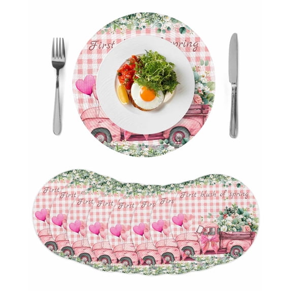 Eucalyptus Trucks Round 15 Inch Placemats Set of 8, Spring Farmhouse Floral Leaves Pink Plaid HeatResistant Non Slip Place Mats for Dining Table, Wipeable Braided Kitchen Table Mats for Housewarming