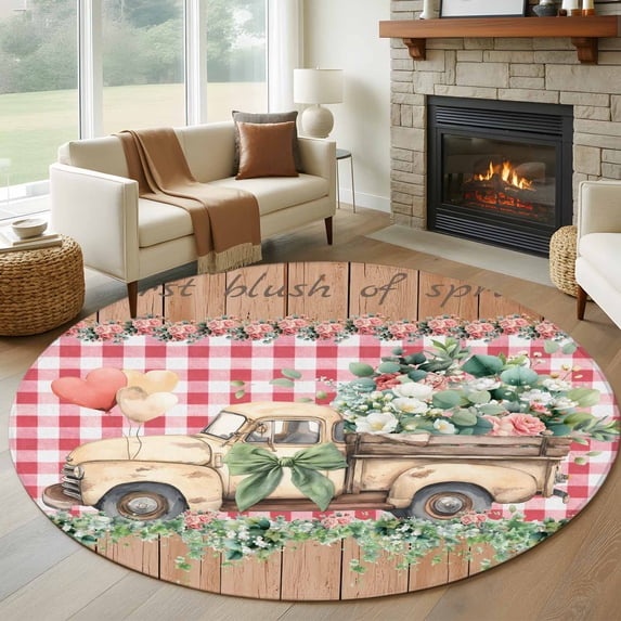 Eucalyptus Trucks Round Area Rug 6Ft Washable Circle Rugs for Bathroom Office, Spring Rustic Floral Wooden Red Plaid Non-Slip Carpet Floor Mats Indoor Outdoor Carpet Runner Aesthetic Home Decor
