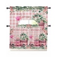 thumbnail image 1 of Eucalyptus Trucks Swag Kitchen Curtains Sets for Windows 24 Inch Length, Spring Farmhouse Floral Leaves Pink Plaid Short Window Curtain Swags Valances and Tiers 3 Piece Set for Cafe/Dining Room, 1 of 5