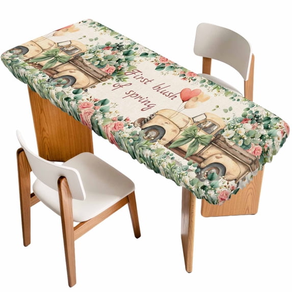 Eucalyptus Trucks Table Cloths for 8 Foot Rectangle Tables, Spring Farmhouse Floral Leaves Burlap Patio Waterproof Elastic Fitted Tablecloths, Washable Rectangular Table Cover for Camping