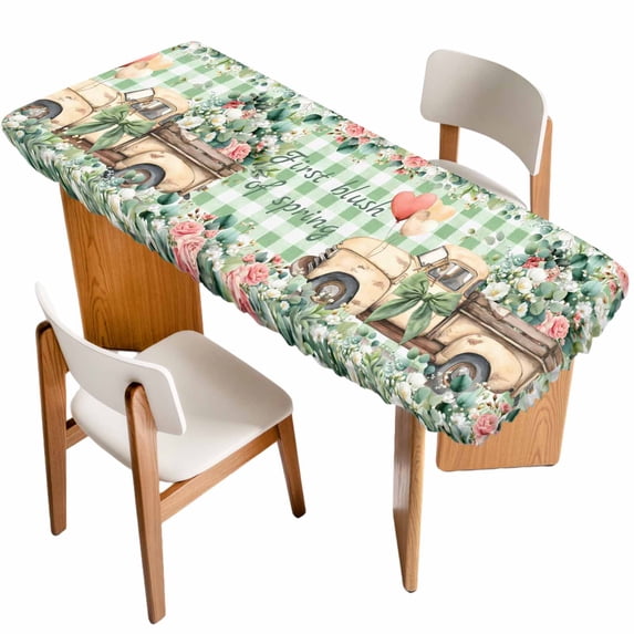 Eucalyptus Trucks Table Cloths for 8 Foot Rectangle Tables, Spring Farmhouse Floral Sage Green Plaid Patio Waterproof Elastic Fitted Tablecloths, Washable Rectangular Table Cover for Camping