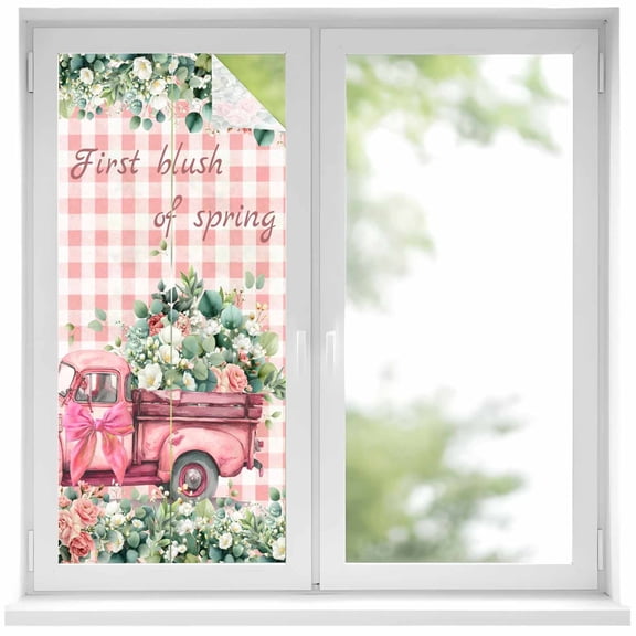 Eucalyptus Trucks Window Privacy Film, Spring Farmhouse Floral Leaves Pink Plaid Static Cling UV Sun Blocking Heat Control Window Tint Day and Night, Non-Adhesive One Way Privacy Cover 17.7''x39.3''