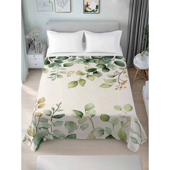 Eucalyptus Twim Size Flat Sheet, Wrinkleproof & Fadeproof Cooling Flat Bed Sheet Only, Rustic Chic Greenery Plant Round Weeping Leaf Breathable Soft Bedding Top Sheets 66 x 96 Inches