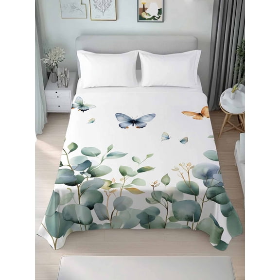 Eucalyptus Twim Size Flat Sheet, Wrinkleproof & Fadeproof Cooling Flat Bed Sheet Only, Spring Butterfly Nature Plant Aesthetics Breathable Soft Bedding Top Sheets 66 x 96 Inches