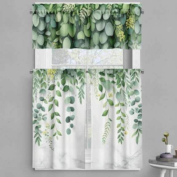 Eucalyptus Valance & Tier Curtain 3 pcs Set, Botanical Design Cascading Branches Weeping Leaves Forest Jungle Nature, Window Treatments for Kitchen Room Decor, 55" x 36", Fern Green White