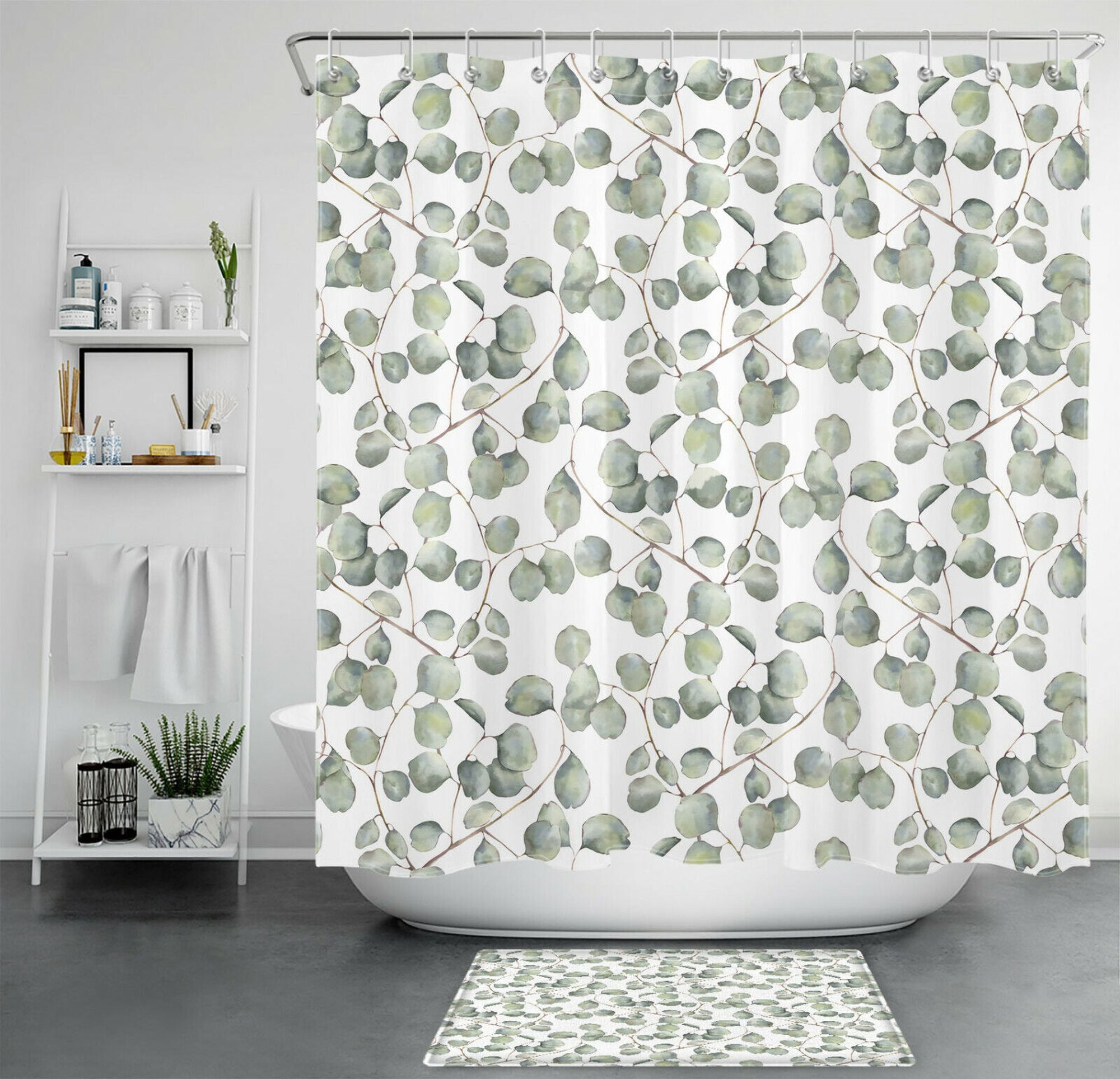 Eucalyptus Watercolor Shower Curtain Set Refreshing Green Leaf