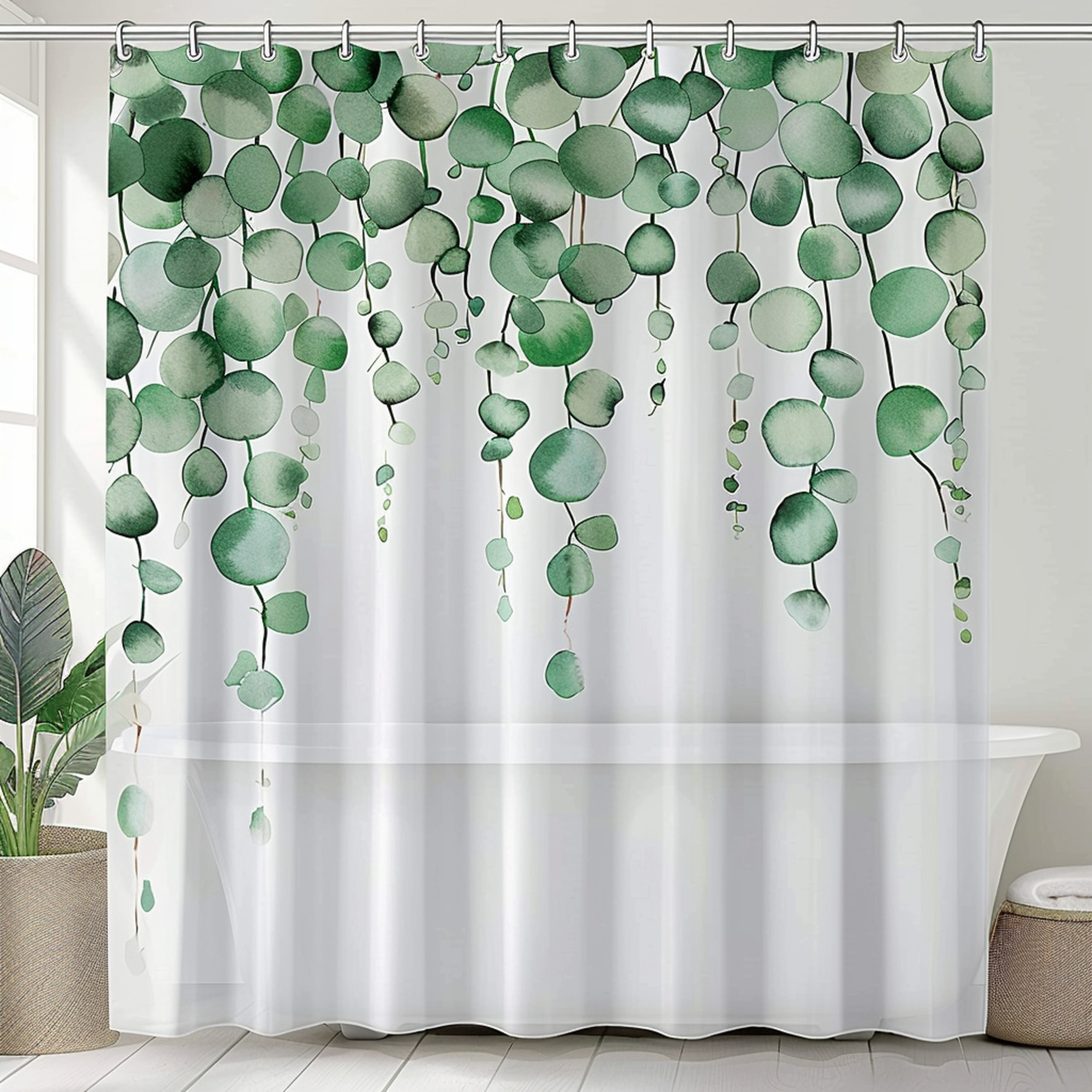Eucalyptus Watercolor Shower Curtain White Background Green Style Minimalist Design with Hanging