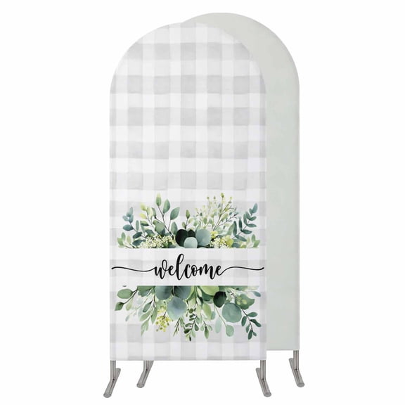 Eucalyptus Wedding Arch Cover, Stretchy Spandex Arch Backdrop Stand Covers 6 FT, Sage Green Botanical Flower Plaid Check Round Top Arched Backdrop Cover for Birthday Party Ceremony Baby Shower Event