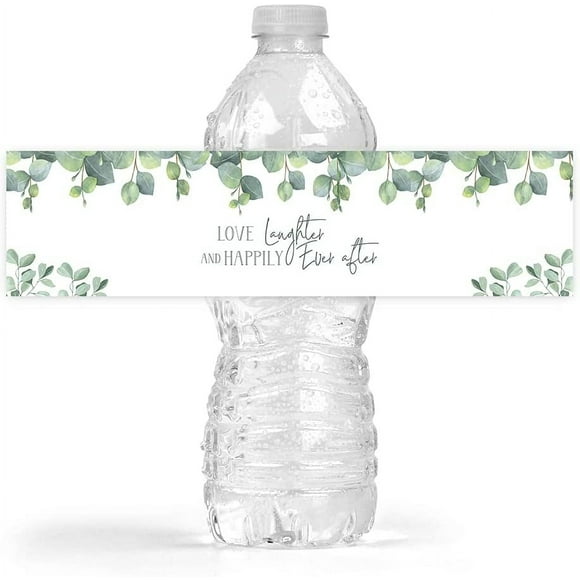 Eucalyptus Wedding Bridal Shower Bottle Wraps - 25 Neutral Greenery Floral Water Bottle Labels - Perfect Decoration Favors