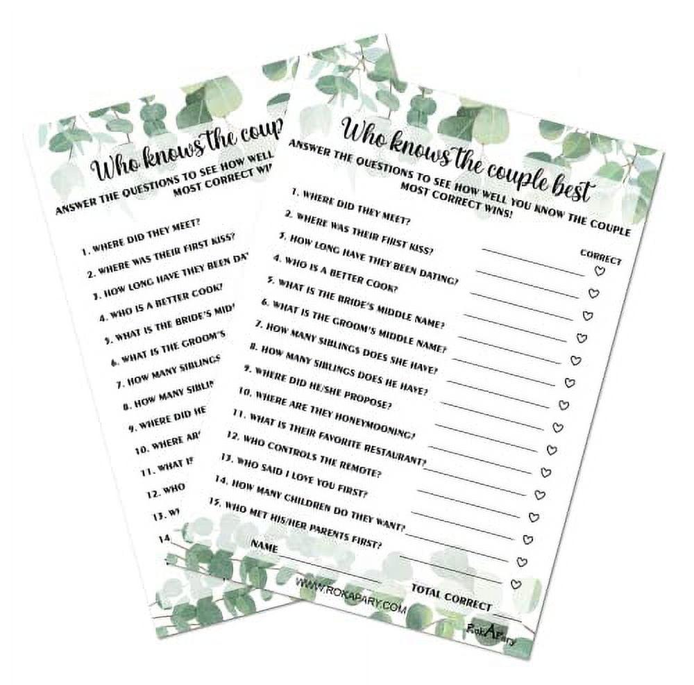 Eucalyptus Who Knows The Couple Best, Wedding, Bridal Shower, Bachelorette or Engagement Party Game, Couples Guessing Play Pack of 50 Cards 5x7 Made in USA