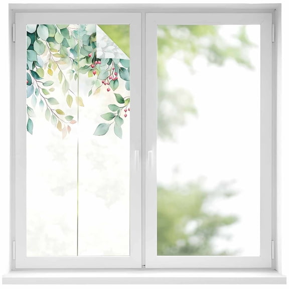 Eucalyptus Window Privacy Film, Leaf Branch Nature Fruit Spring Summer Static Cling UV Sun Blocking Heat Control Window Tint Day and Night, Non-Adhesive One Way Windows Privacy Cover 17.7''x39.3''