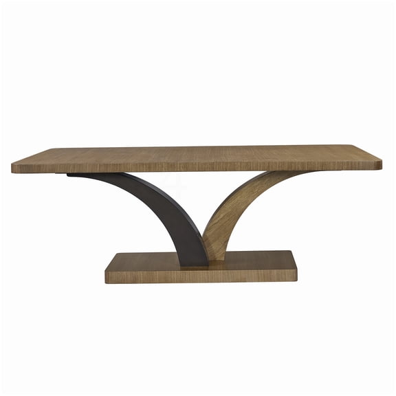 Eucalyptus Wood Pedestal Dining Table, Tan Finish Rectangular Table with Sculptural Base, Round Edge Top, Solid Wood and MDF for Dining Room