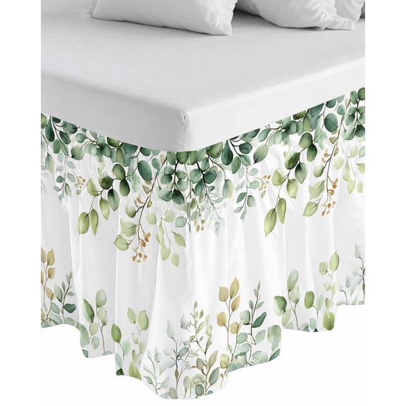 Eucalyptus Wrap Around Bed Skirts for California King Bed 18" Drop,Bed Skirt with Adjustable Elastic Belt Dust Ruffle Bed Valance Sage Green Brown Leaf Boho Minimalist White Bed Frame Cover