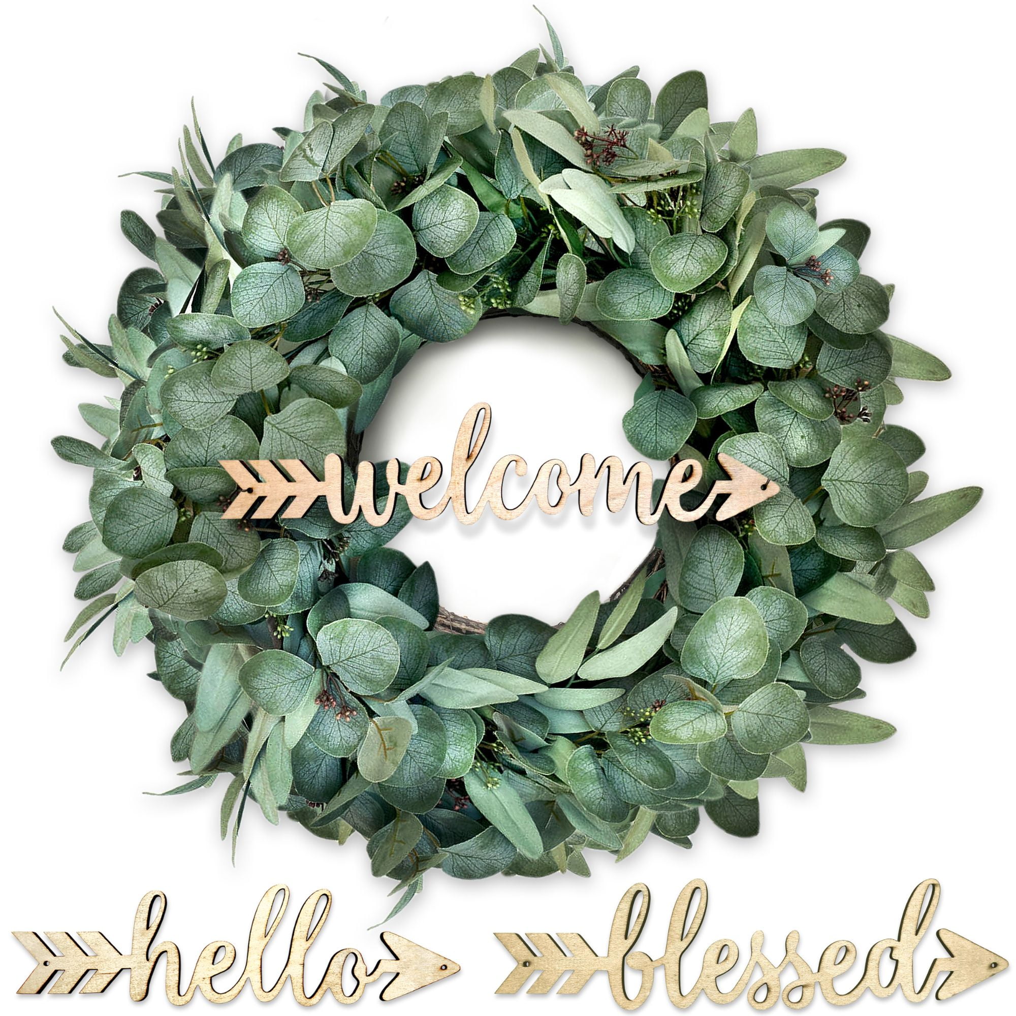 Eucalyptus Wreath with 3 Signs 20 inch Eucalyptus Wreaths for Front