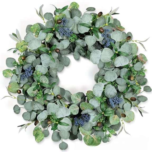 Eucalyptus Wreath for Front Door 14-24 Inch, Green Artificial Wreath with Blue Berries & Olive Accents, Year Round Farmhouse Decor for Wall Window Porch Patio, Indoor Outdoor Rustic Home Decor