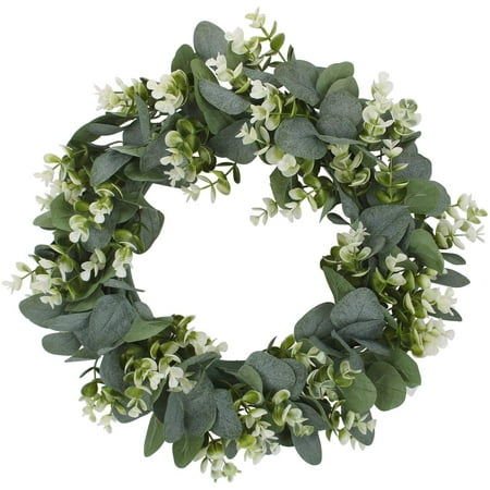 Eucalyptus Wreath with Flowers 15 inch Faux Green Wreath for Front Door Wall Festival Celebration Fireplace Window Party Decor