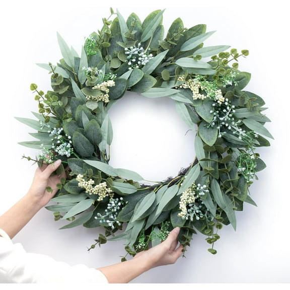 Eucalyptus Wreaths 20" Large Artificial Greenery Outdoor/Indoor Wreath Spring/Summer/Winter Wreath Green Wreaths for Front Door Porch Window Wall Hanging Decor All Year Round Wre-ath（Green）